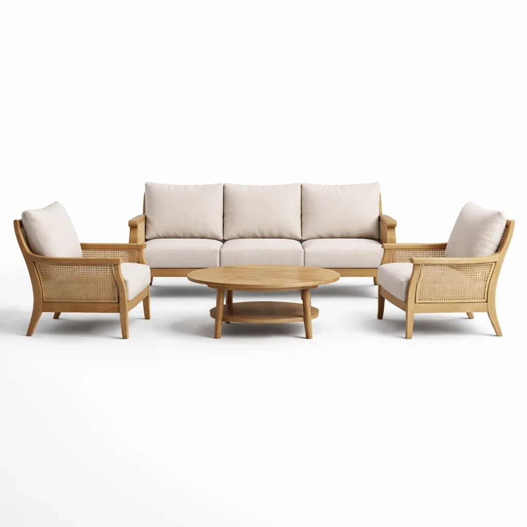 Ensemble de salon en bois avec canapé 3 places, 2 fauteuils et table basse - 2026