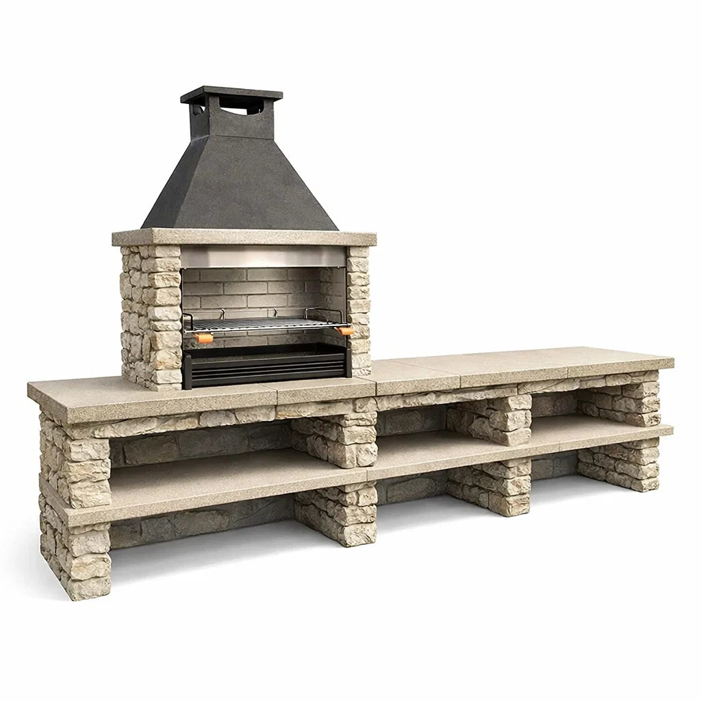Barbecue en pierre et béton gris avec étagères en pierre 200 x 85 x 150 cm - 2026