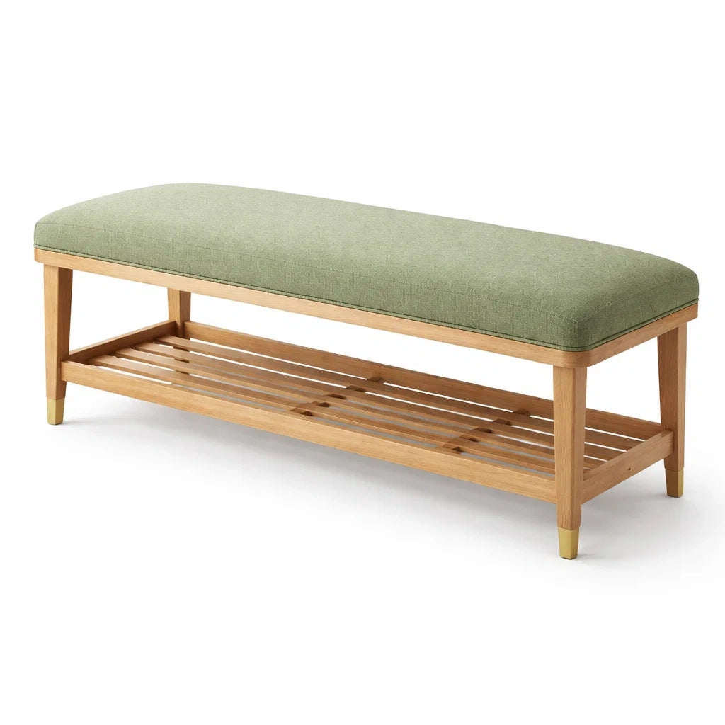 Banc en bois avec coussin en tissu vert - 2026