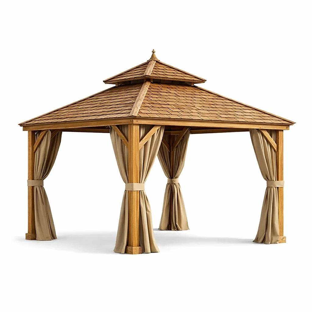 Pavillon carré en bois avec toit double et rideaux en polyester - 2026