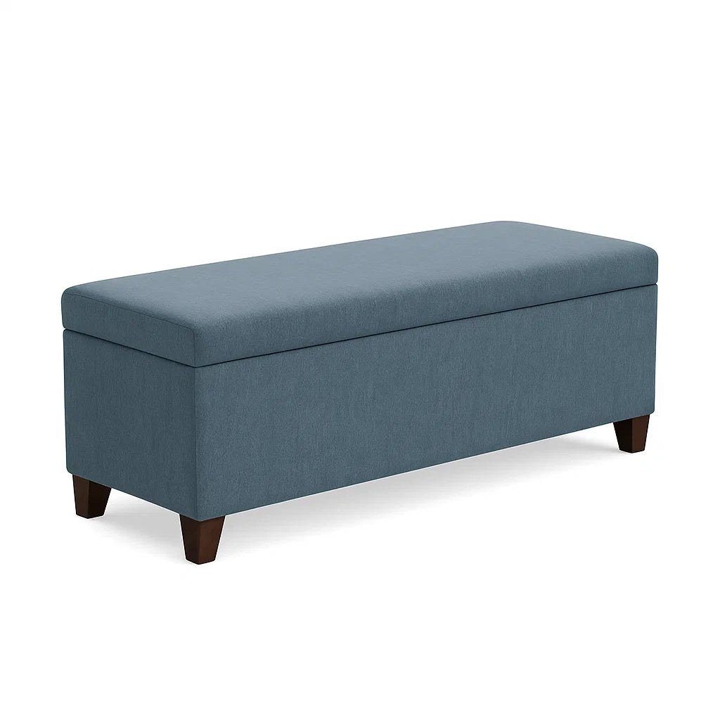Banc de rangement en tissu bleu avec pieds en bois - 2026