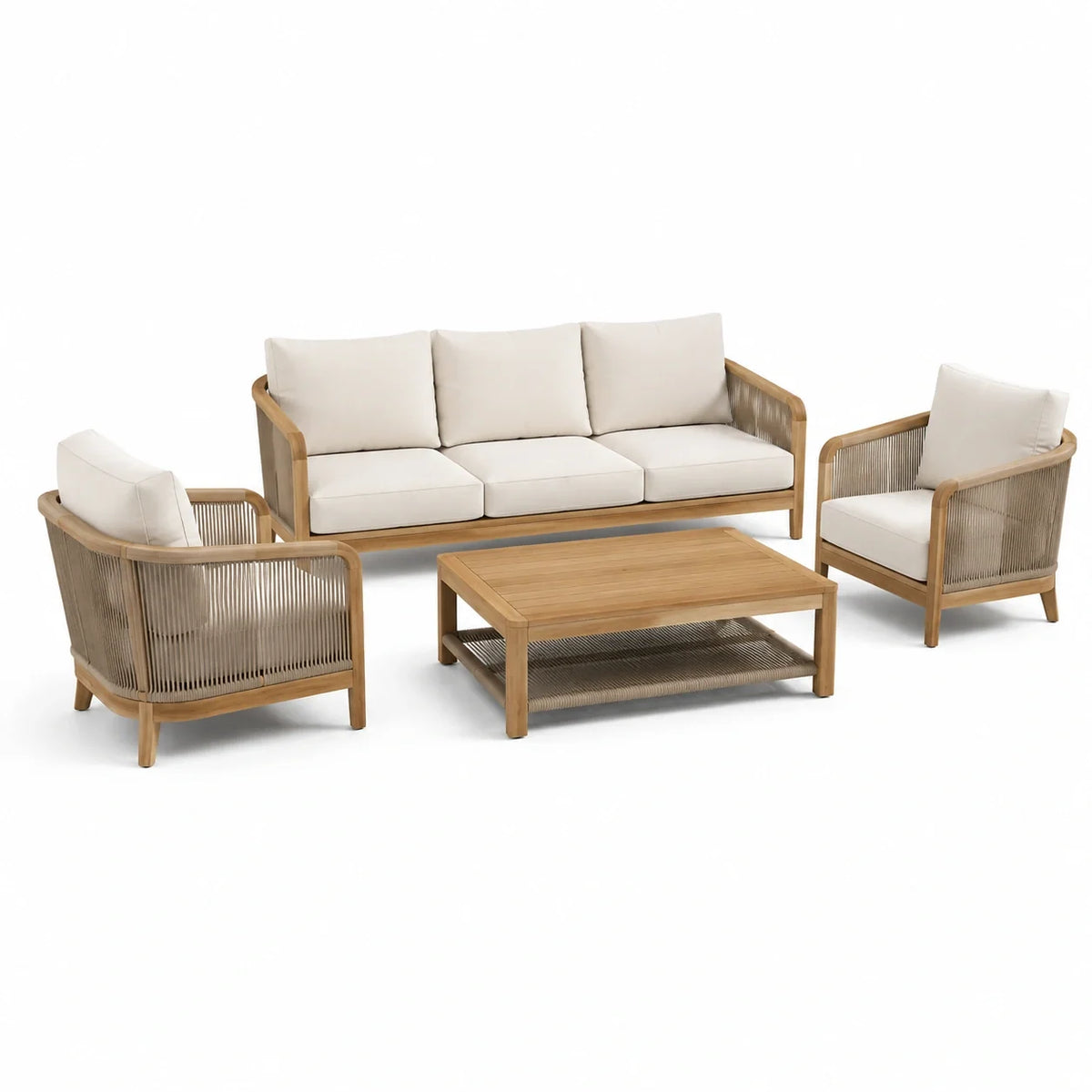Salon de jardin en bois naturel et corde taupe avec coussins beige, canapé 205 × 82 × 78 cm, 2 fauteuils 76 × 82 × 78 cm et table basse 110 × 65 × 42 cm - 2026