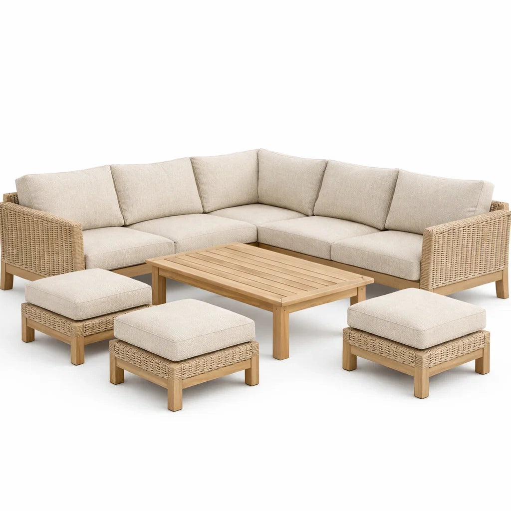 Salon de jardin en rotin et bois avec coussins beige - 2026