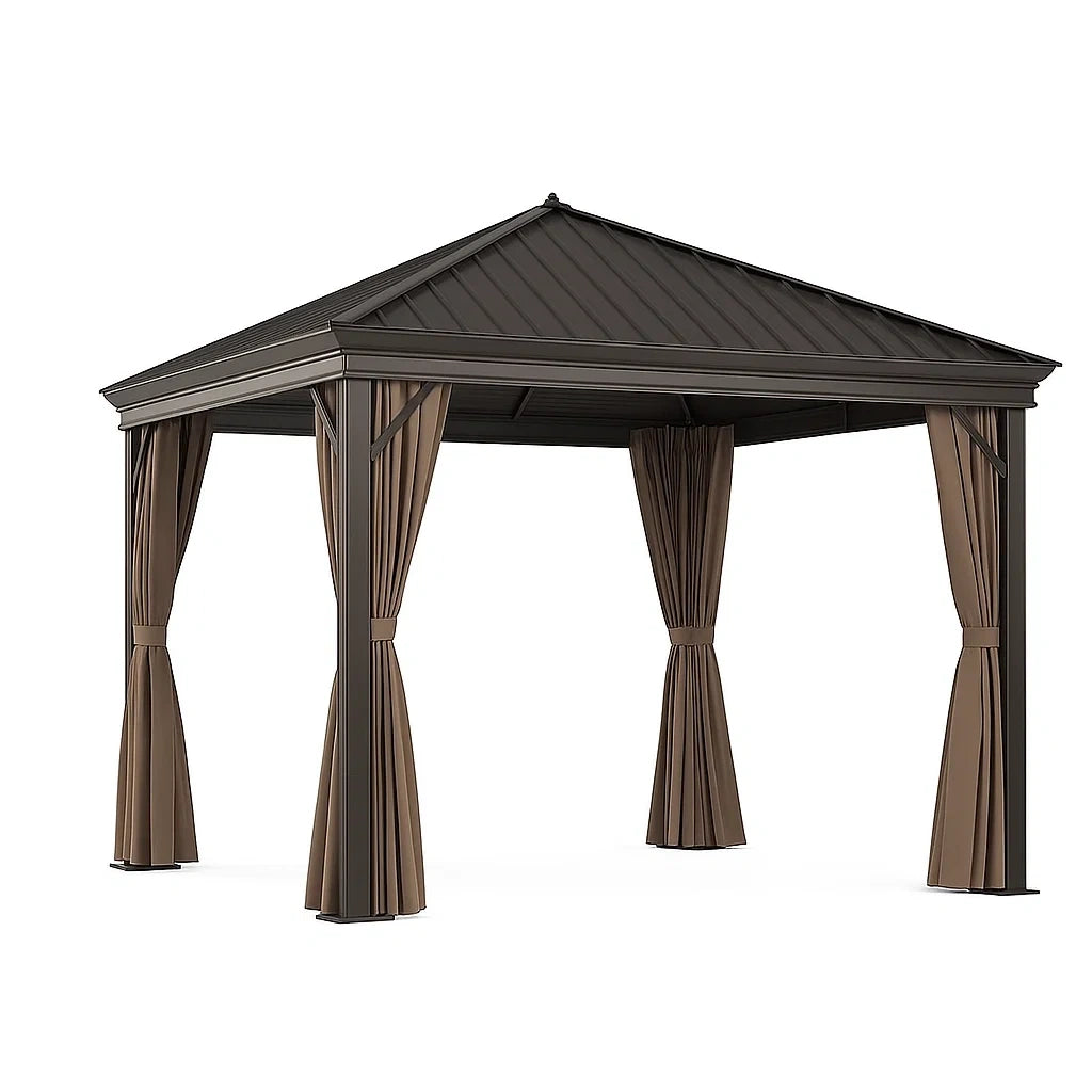 Tonnelle en aluminium marron avec rideaux en polyester - 2026