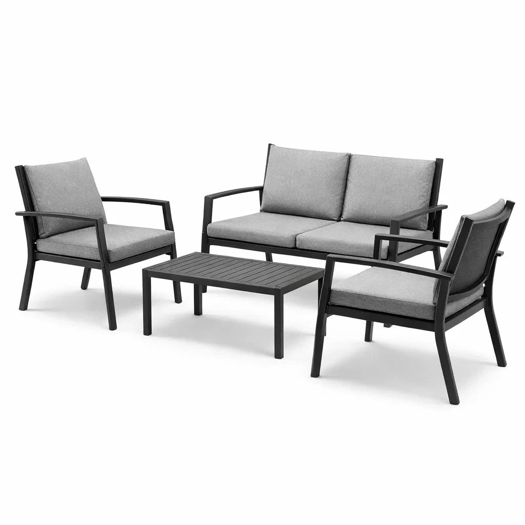 Ensemble de salon de jardin en aluminium noir avec coussins en polyester gris - 2026