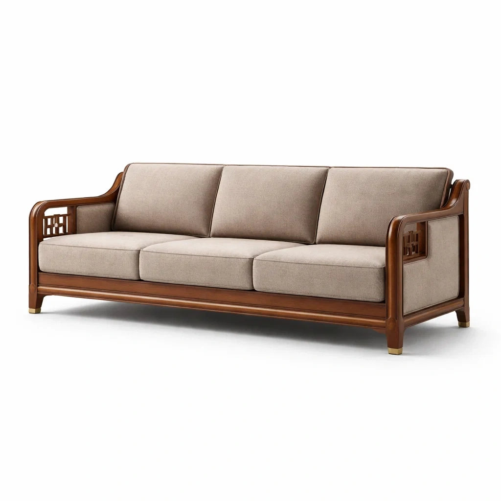 Canapé 3 Places en Bois et Tissu Lin Beige Style Chinois - 2026