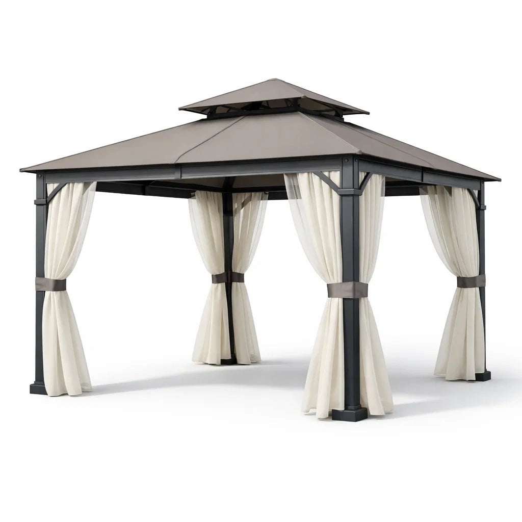 Pavillon de jardin en acier avec toit et rideaux en polyester gris 400 x 300 x 270 cm - 2026
