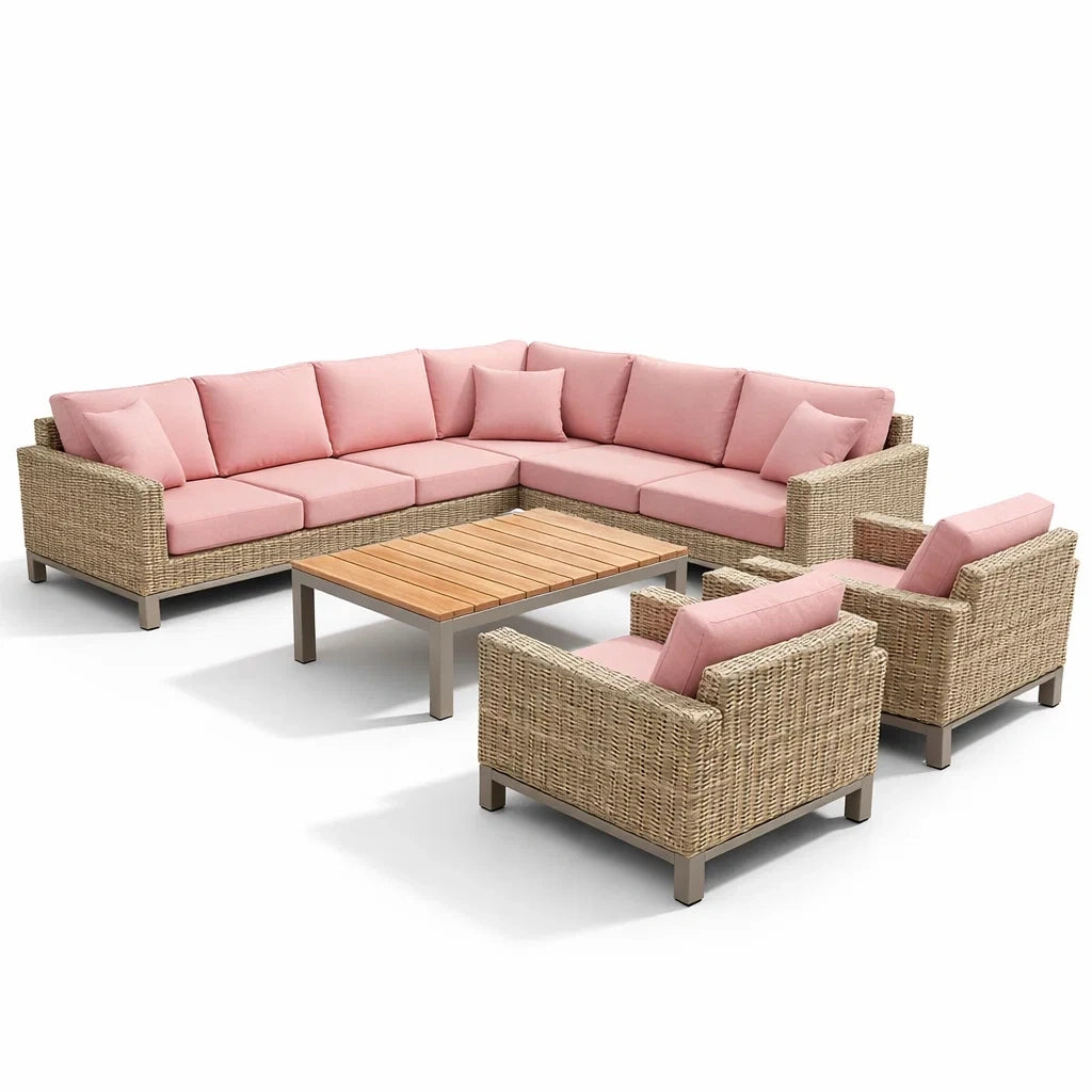 Salon de jardin en rotin avec coussins roses - 2026