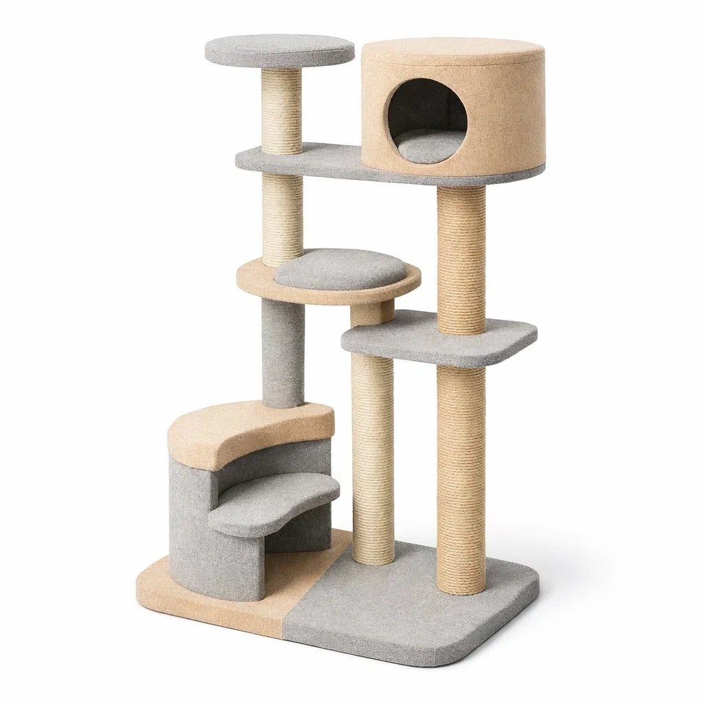Arbre à chat en bois avec polyester et sisal gris beige - 2026