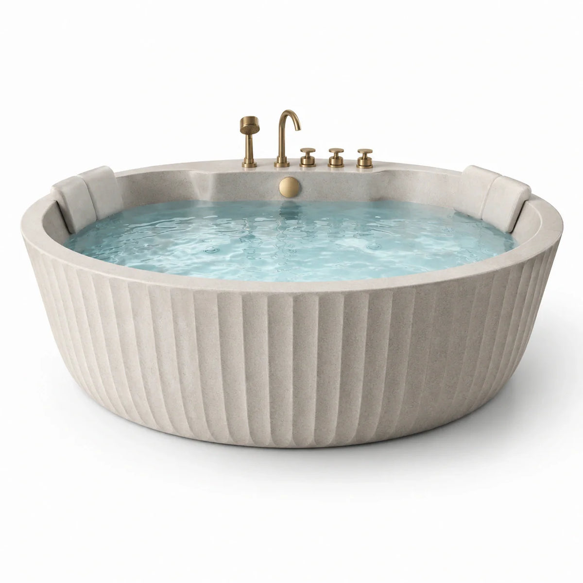 Baignoire ronde en pierre composite beige avec robinets en laiton - 2026