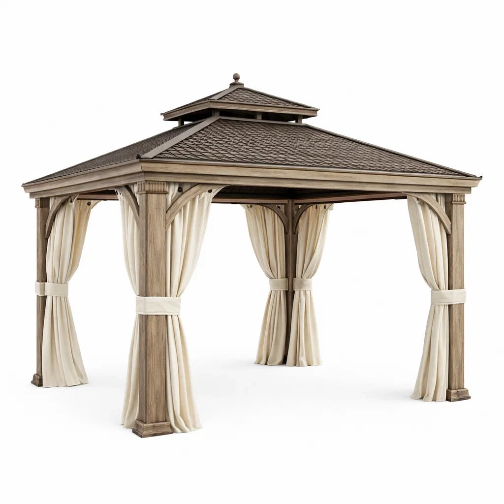 Pavillon en bois avec rideaux en polyester - 2026