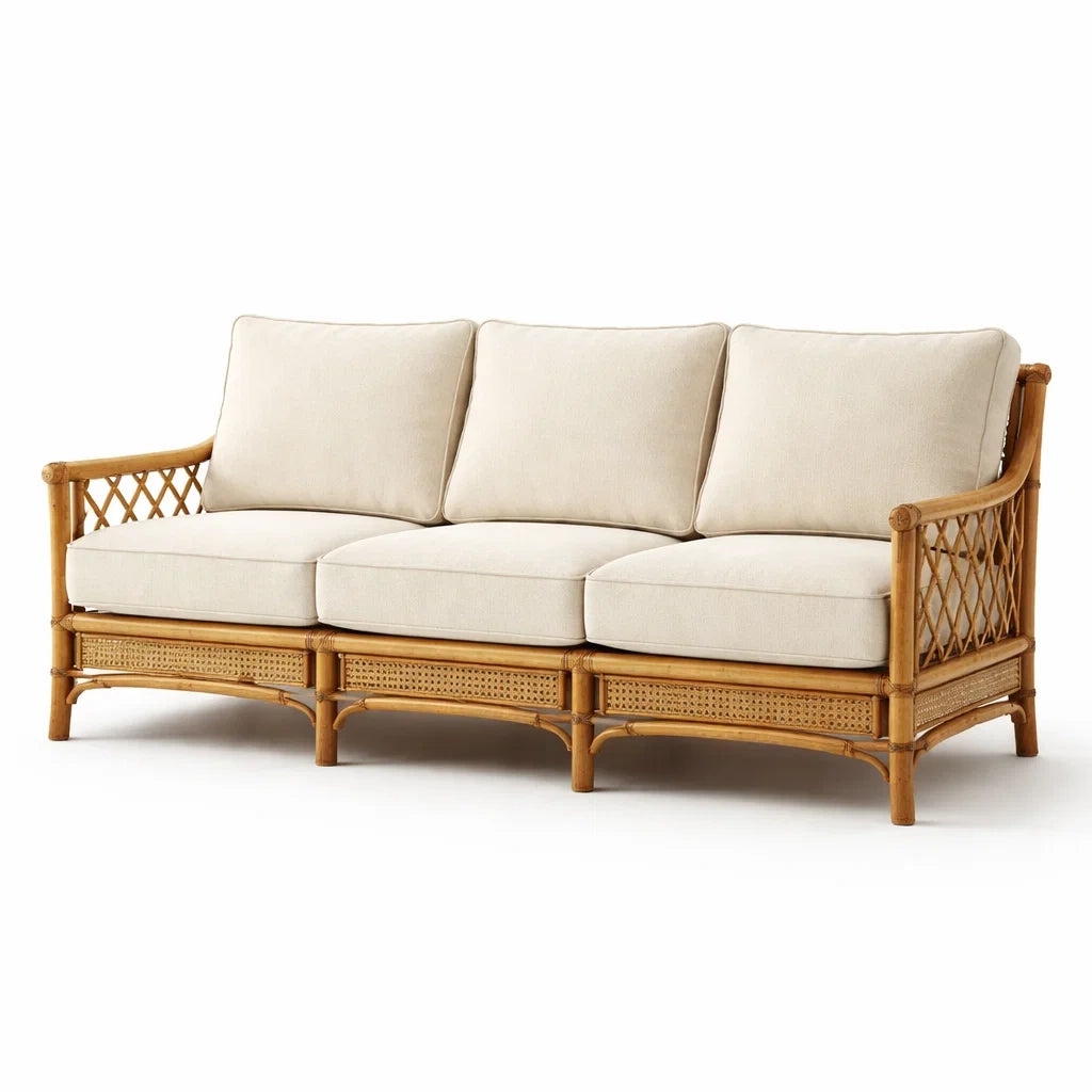 Canapé en rotin avec coussins en tissu beige - 2026