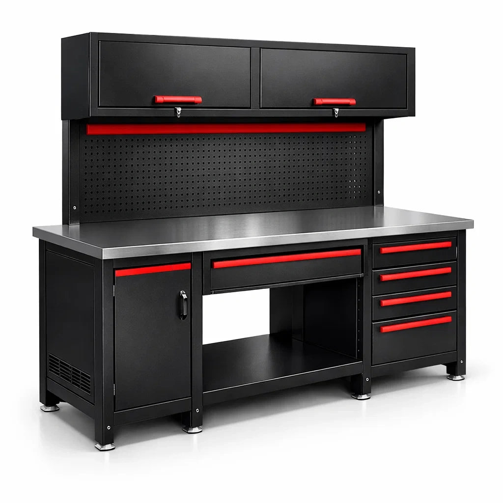 Établi en métal noir et rouge avec armoire supérieure - 2026