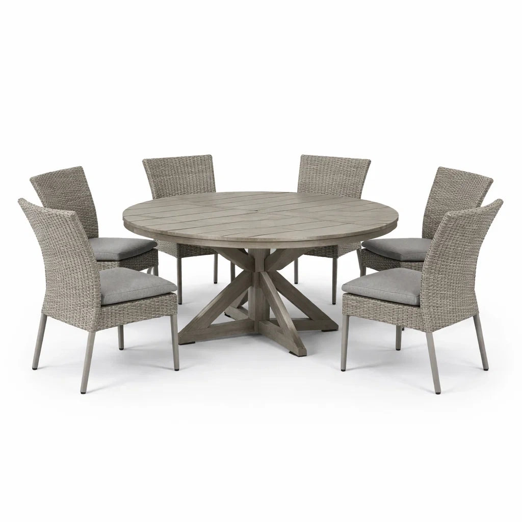 Ensemble table et chaises avec table ronde en bois et chaises en résine tressée gris - 2026