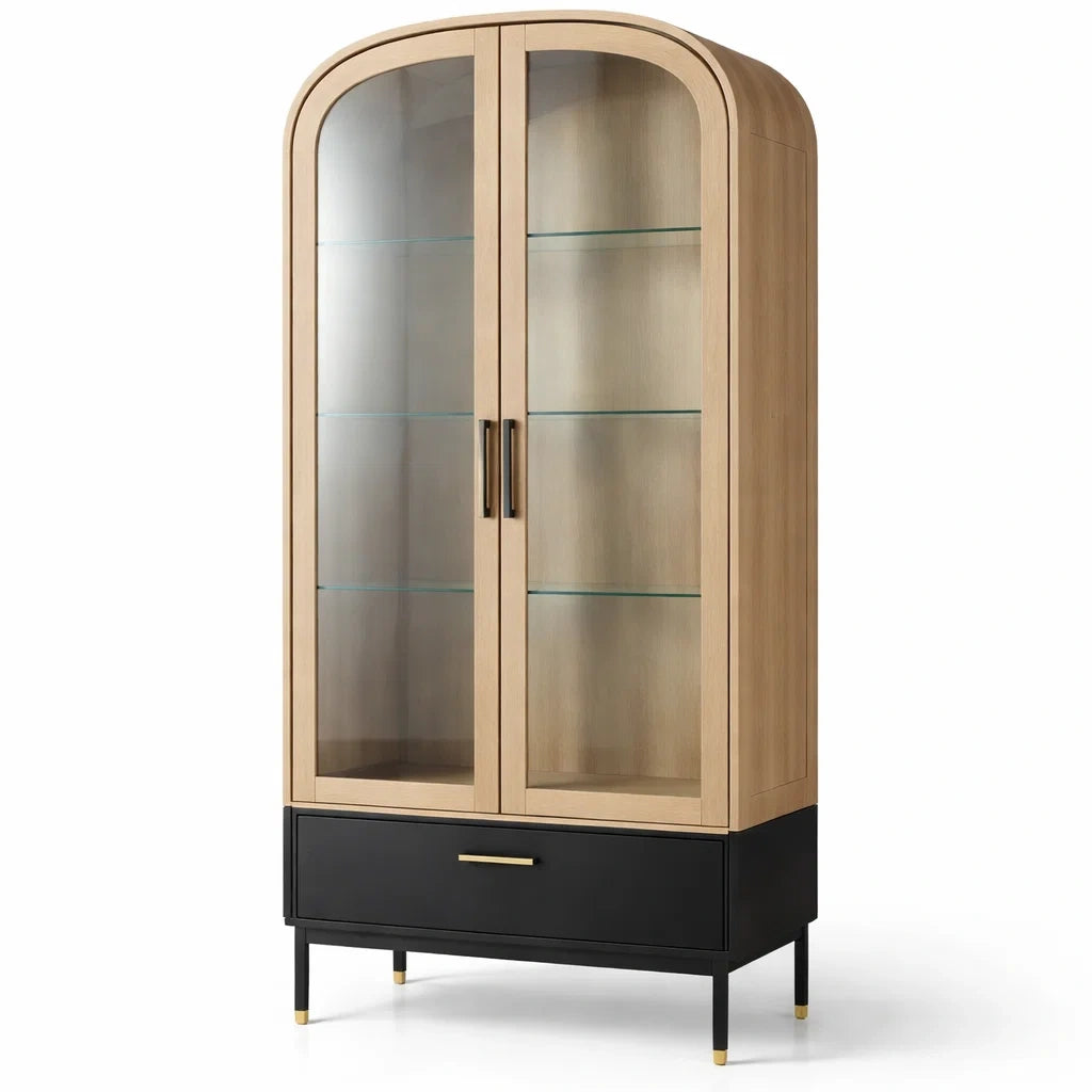 Vitrine en verre avec bois clair et tiroir noir courbé - 2026