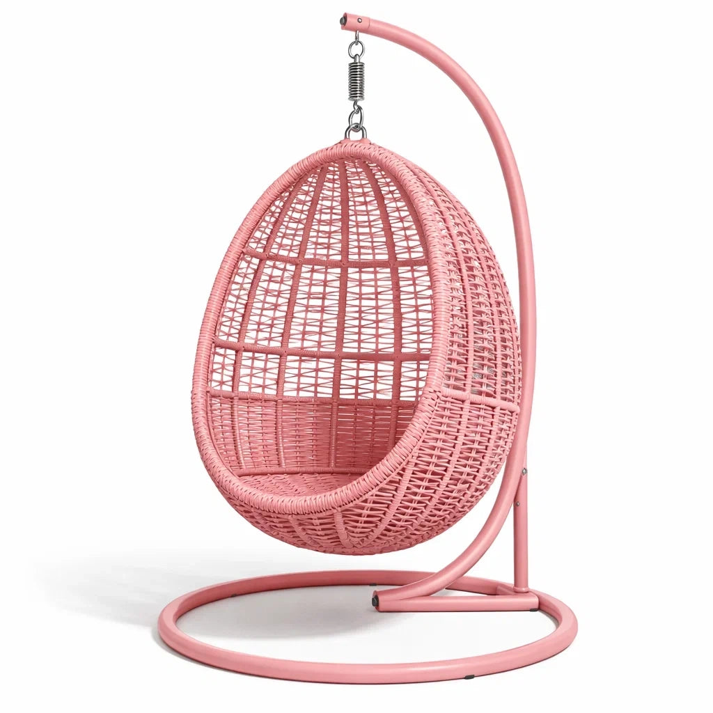 Fauteuil suspendu œuf avec support en rotin synthétique rose avec structure en métal - 2026