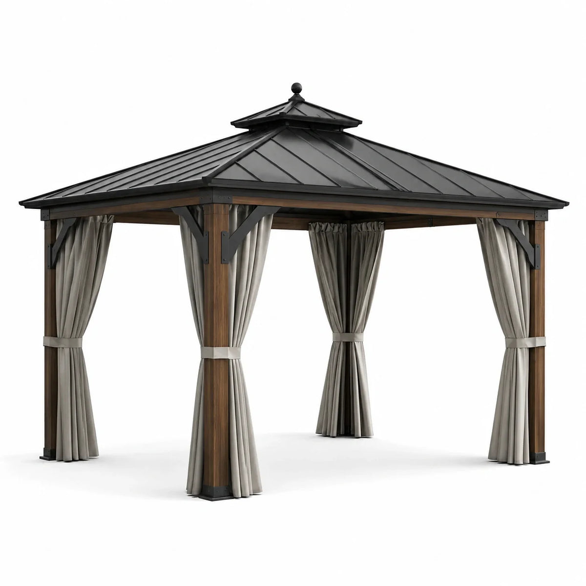 Pavillon de Jardin en Bois et Métal avec Rideaux en Polyester Gris - 2026