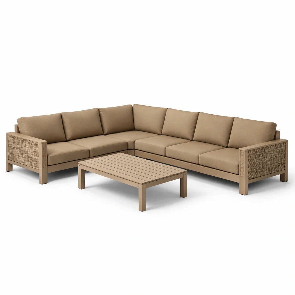 Salon de jardin d’angle en aluminium et rotin avec coussins en polyester beige - 2026