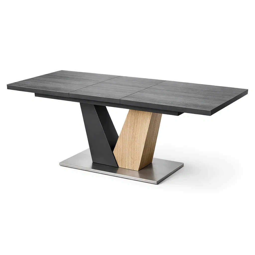 Table à manger rectangulaire extensible en bois et acier gris - 2026