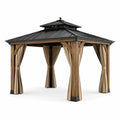 Pavillon en bois et métal avec rideaux en polyester beige - 2026