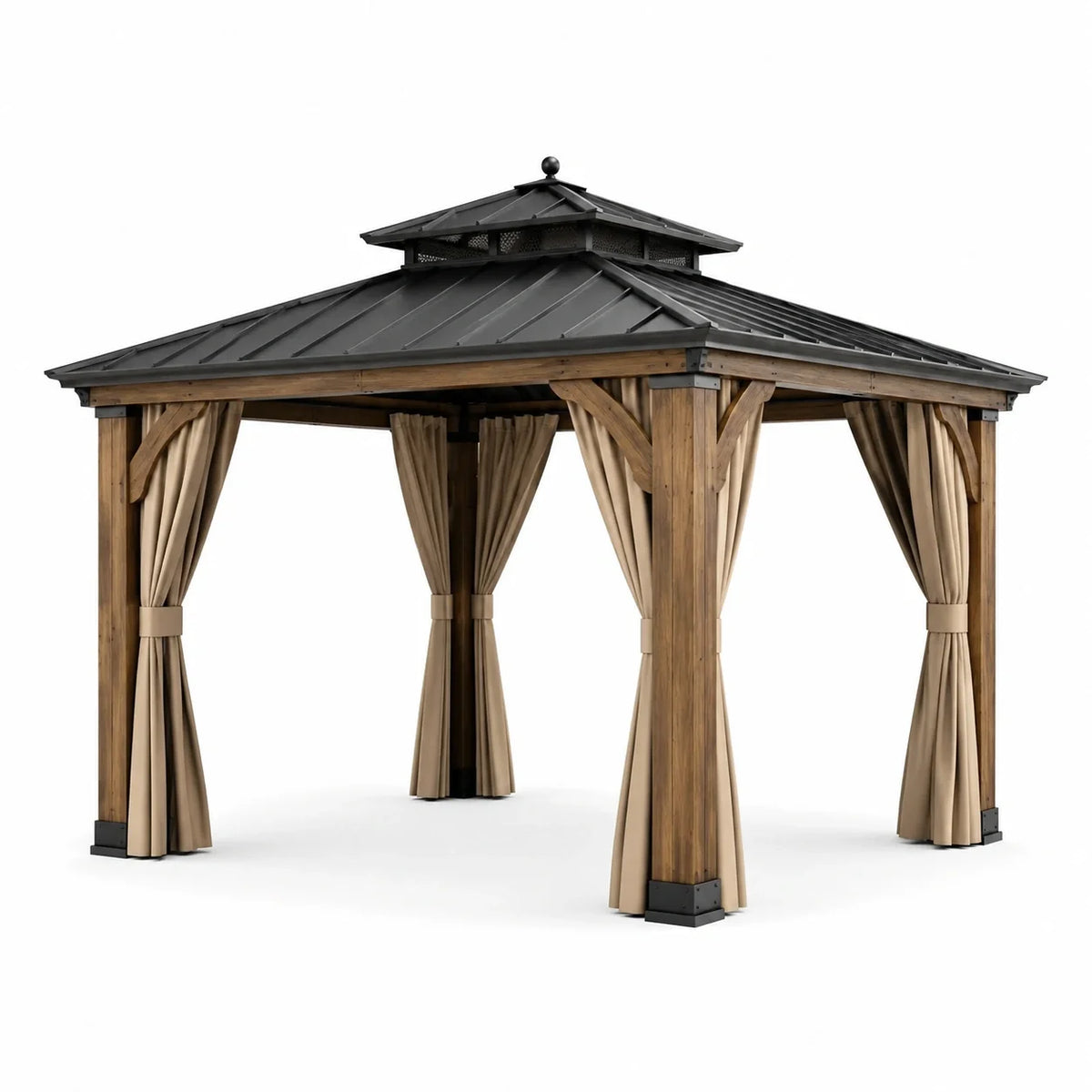 Pavillon en bois et métal avec rideaux en polyester beige - 2026