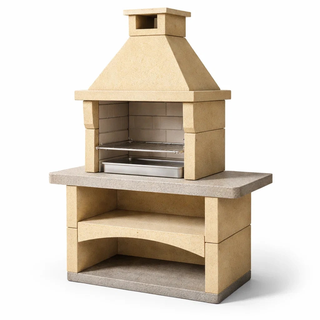Barbecue extérieur fixe en béton réfractaire beige - 2026
