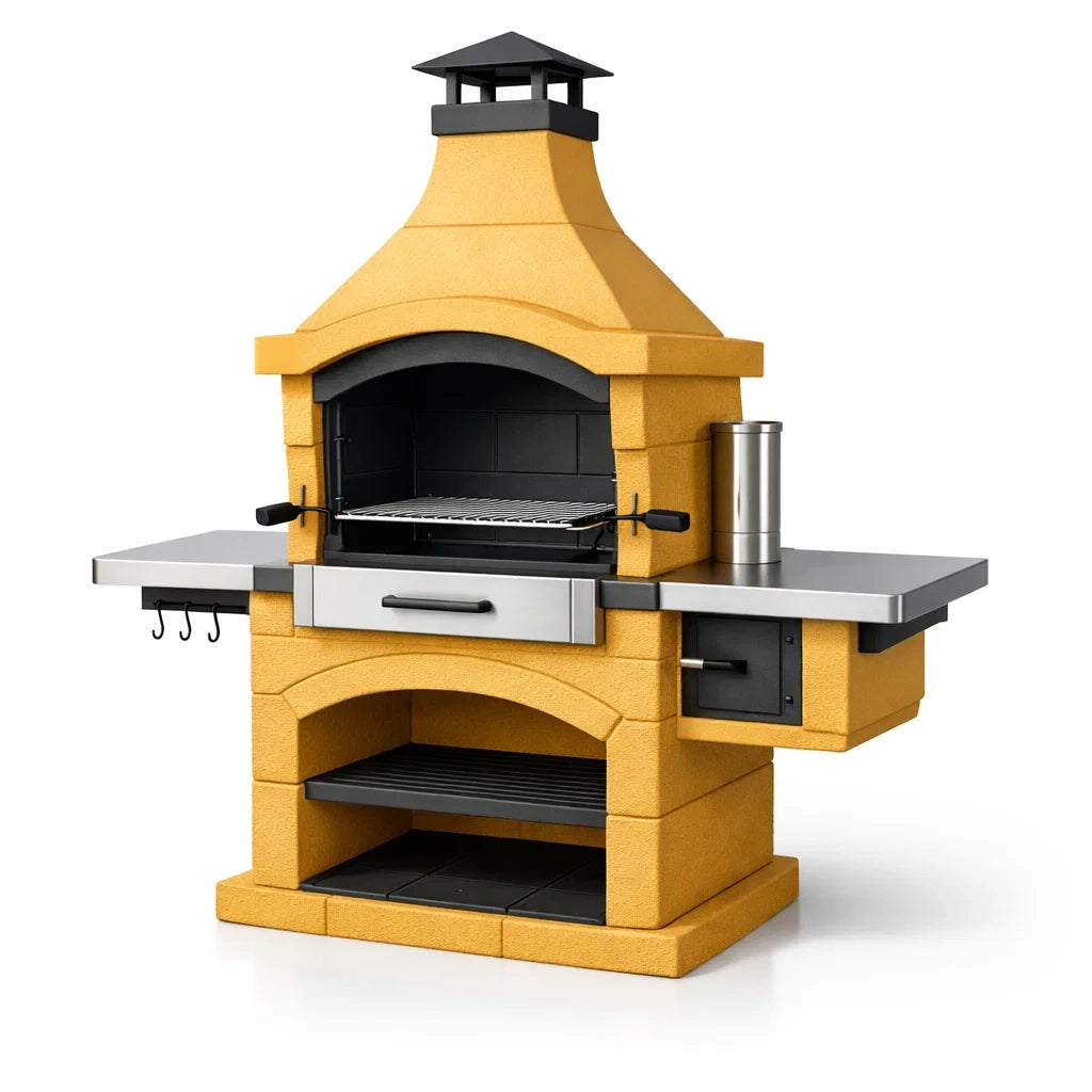 Barbecue en pierre réfractaire avec éléments en acier inoxydable jaune et noir - 2026