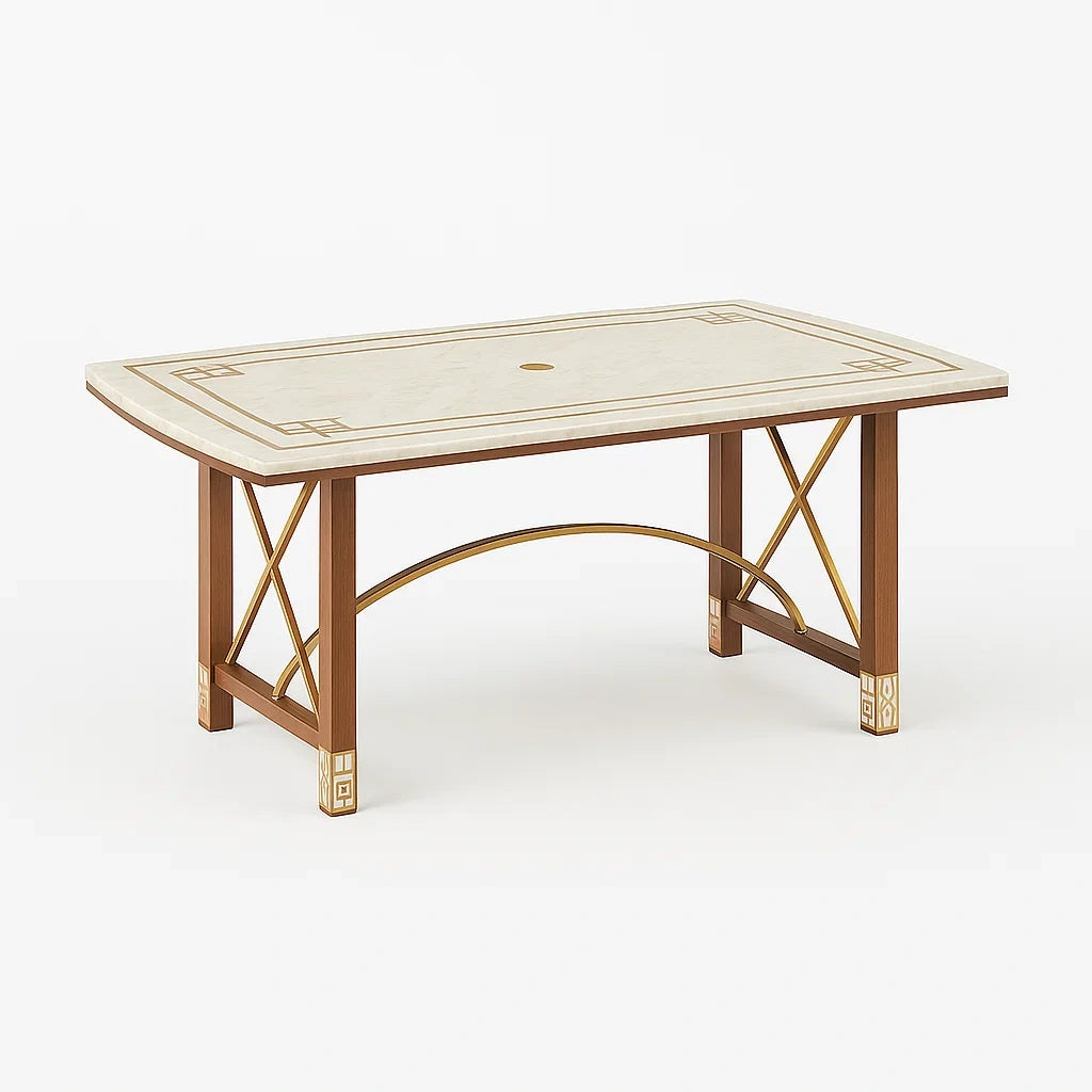 Table de terrasse rectangulaire en marbre et bois doré 180x90x75 cm - 2026