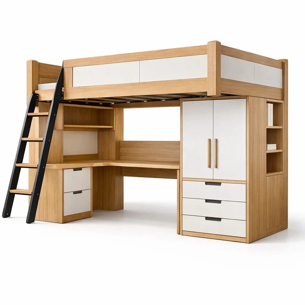 Lit mezzanine en bois et métal avec bureau intégré et rangements - 2026