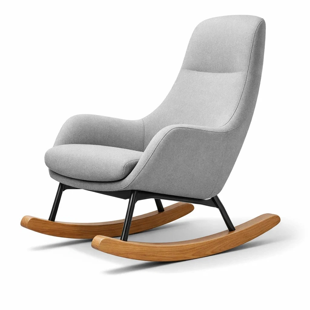 Fauteuil à bascule d’intérieur en tissu polyester gris avec pieds en bois et métal - 2026