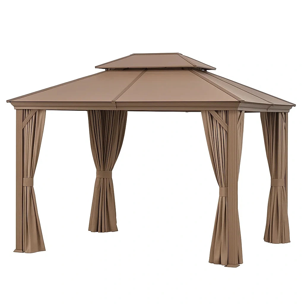 Tonnelle aluminium beige 3x4 m toit en acier et rideaux en polyester - 2026