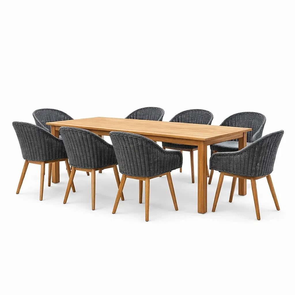 Ensemble de table et chaises en bois d'acacia et rotin gris - 2026