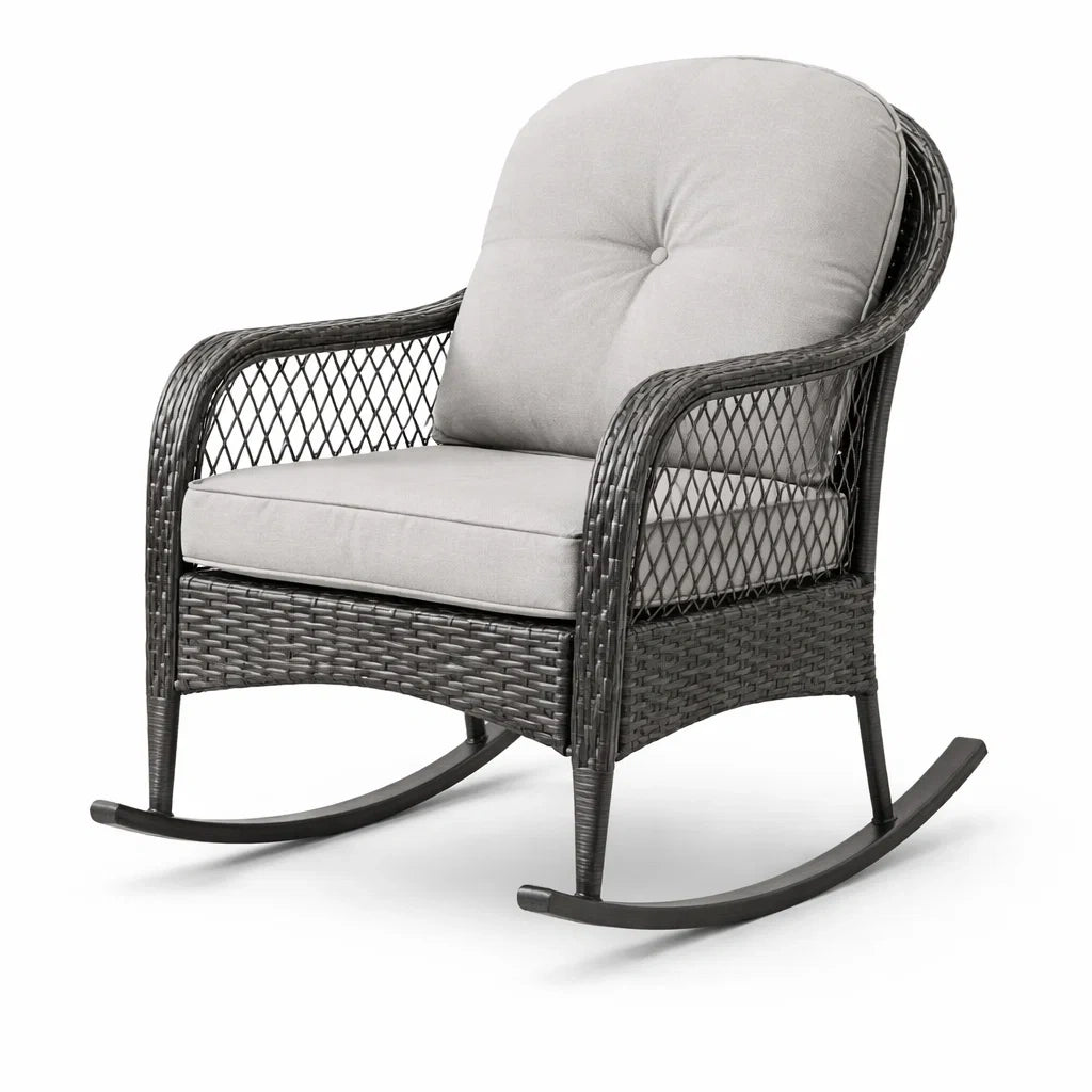 Fauteuil à bascule en résine tressée avec coussins en polyester gris - 2026