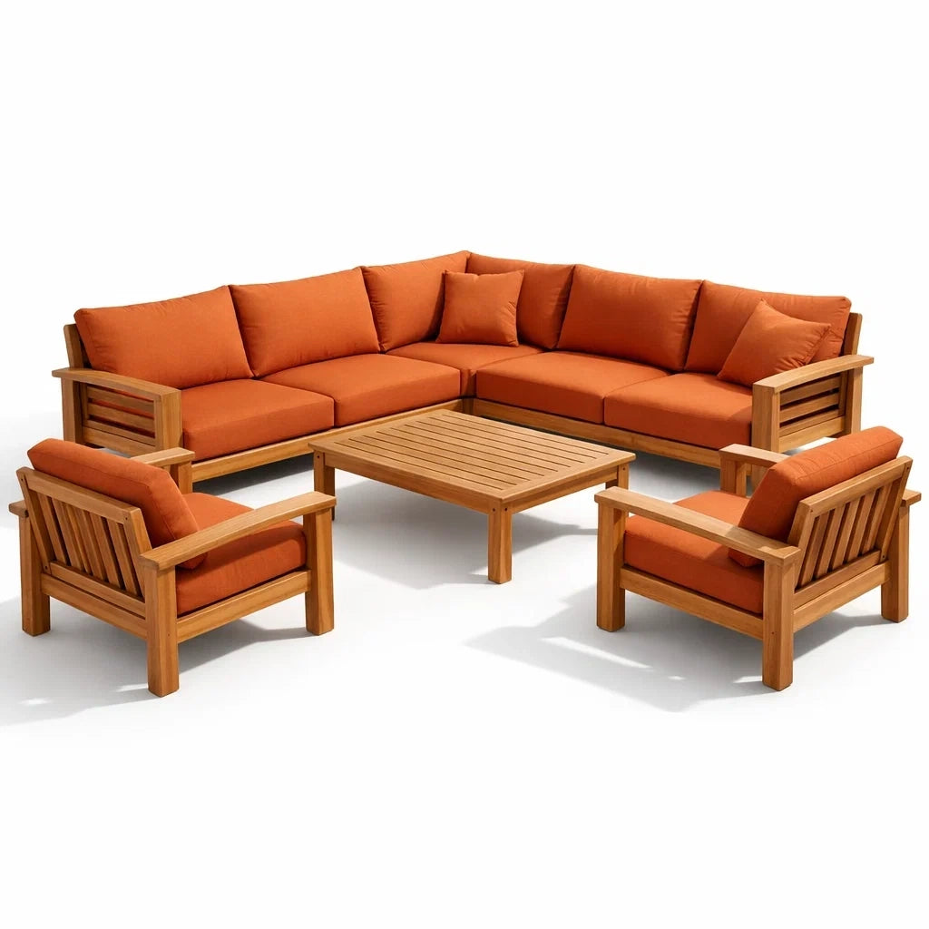 Salon de jardin en bois avec coussins orange - 2026