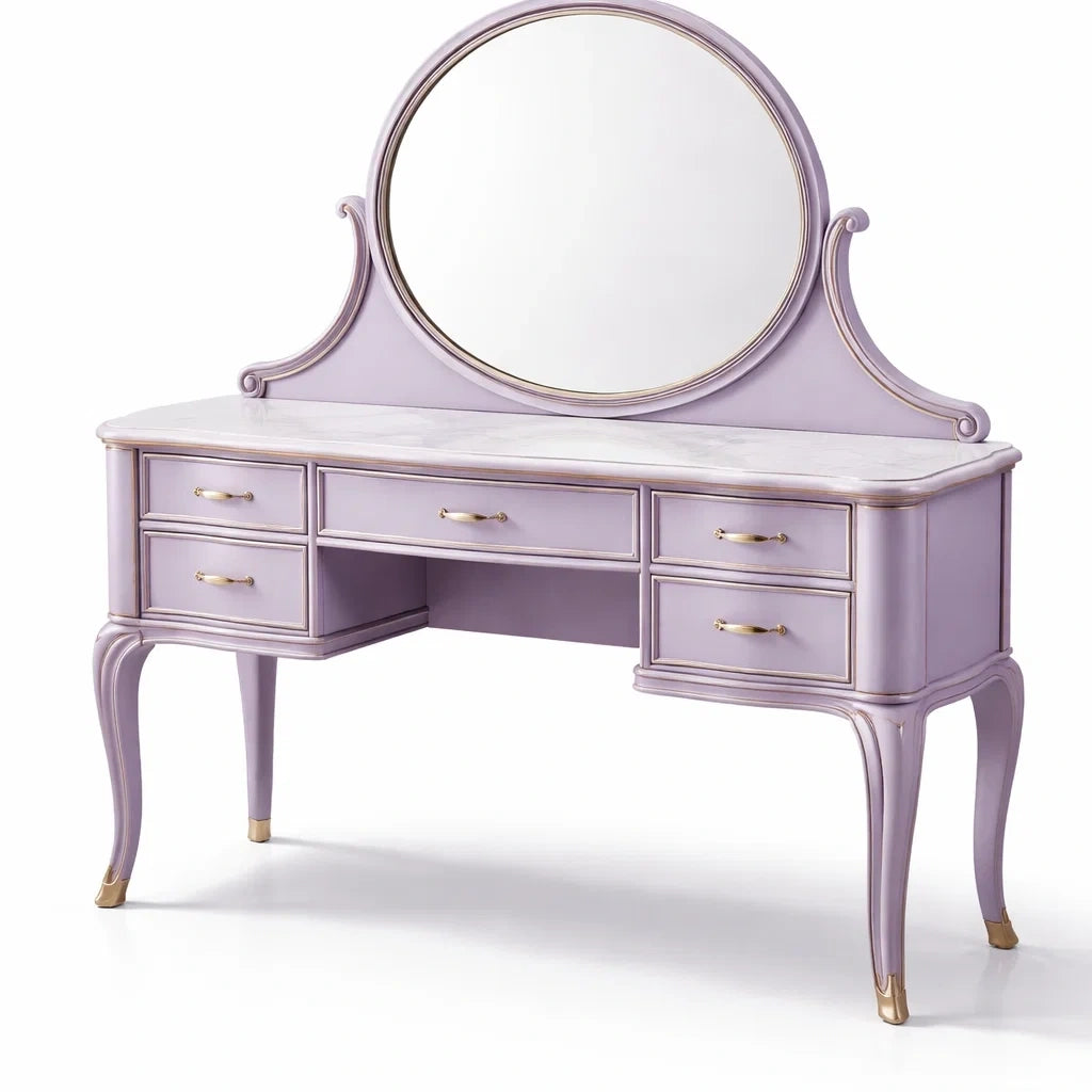 Coiffeuse en bois mdf violet avec miroir rond - 2026