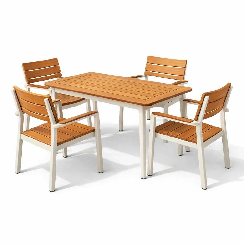 Ensemble table et chaises d'extérieur en aluminium et teck synthétique - 2026