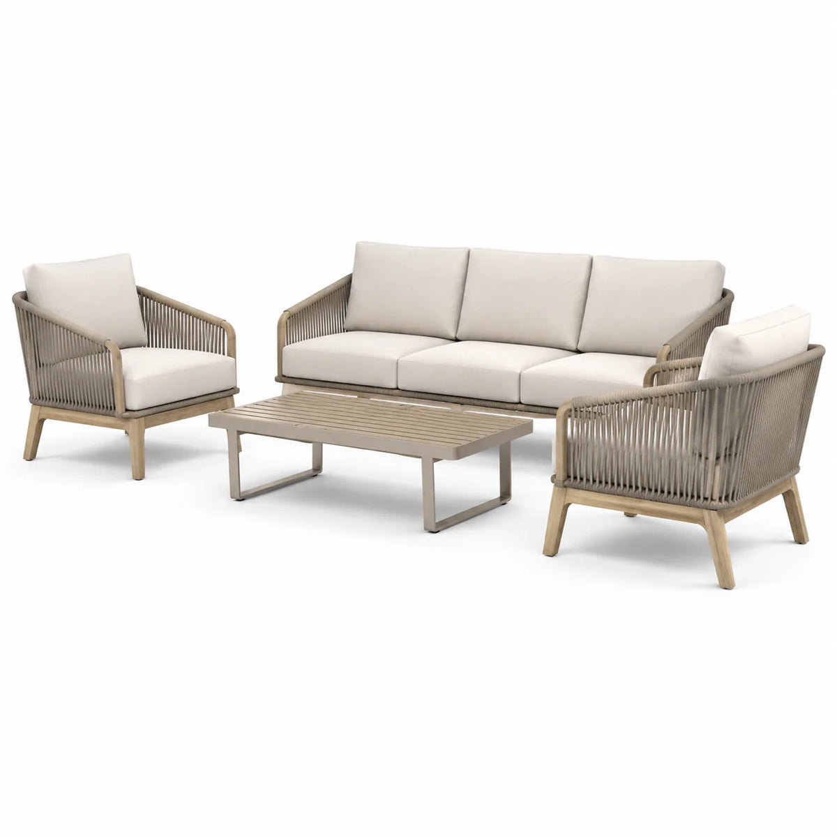Ensemble de salon extérieur en bois, aluminium et corde avec coussins beiges - 2026