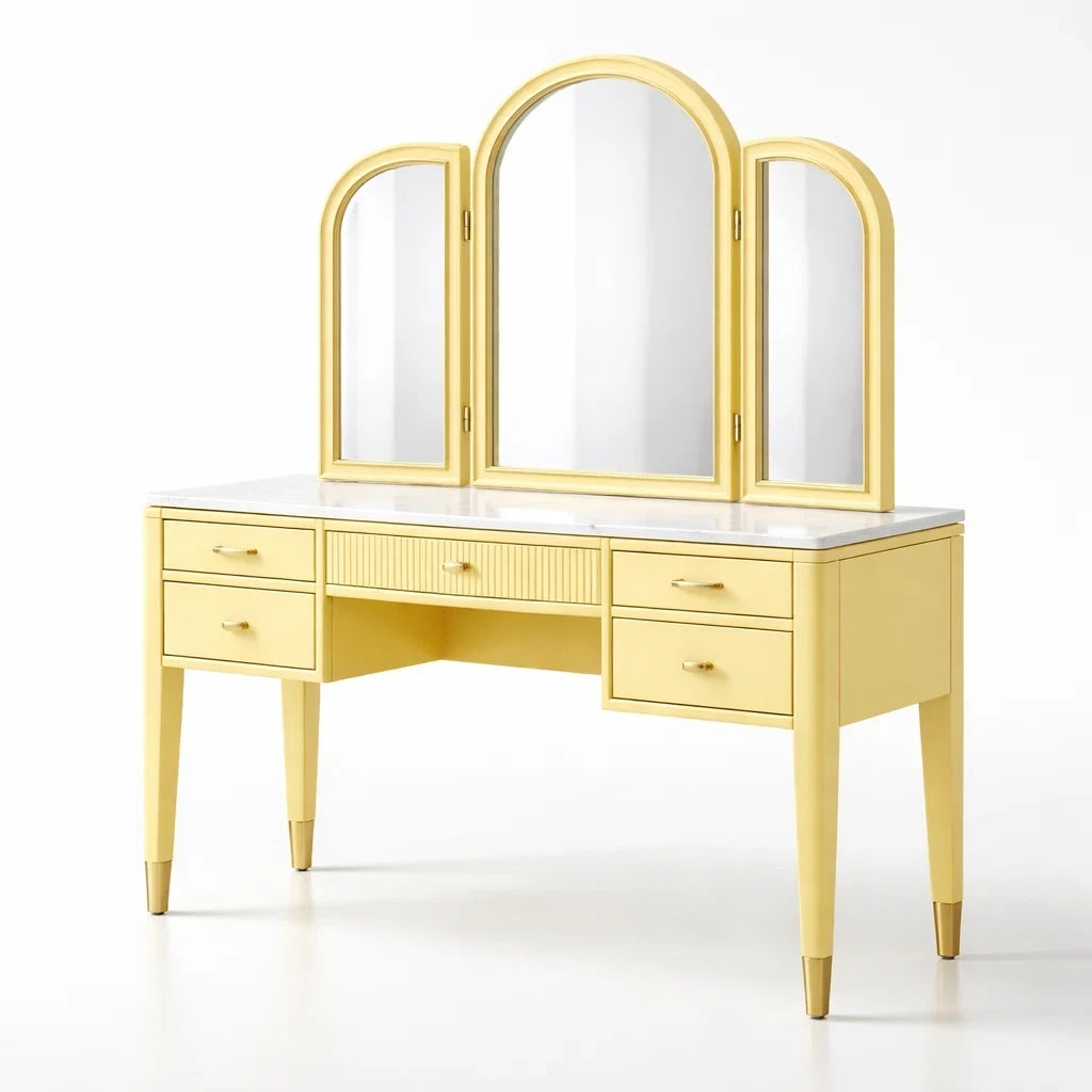 Coiffeuse en bois jaune avec miroir triple et plateau en marbre blanc - 2026