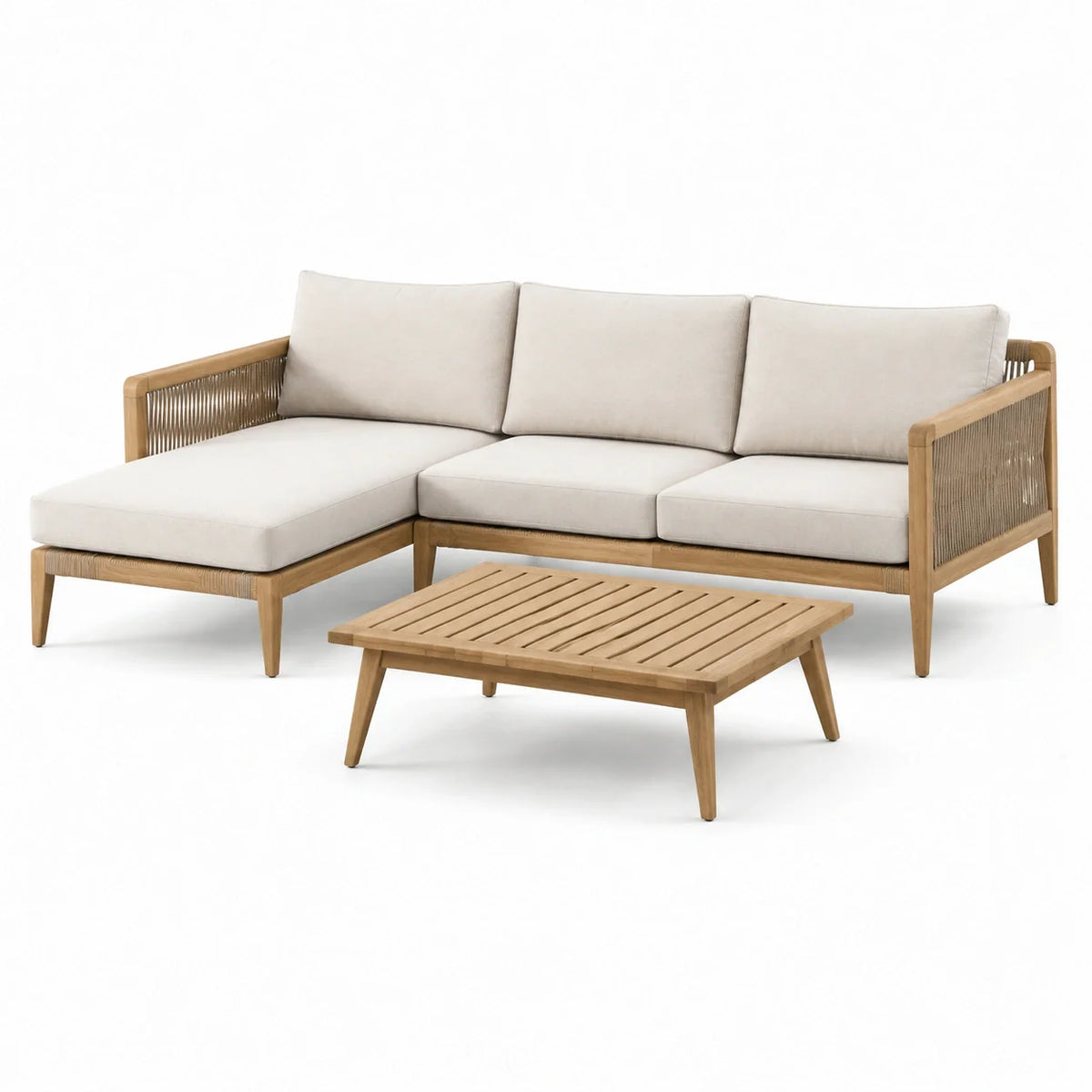 Ensemble de salon d'extérieur en bois et tissu beige - 2026