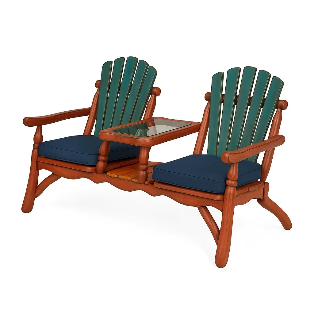 Ensemble fauteuils adirondack en bois deux places avec tablette en verre et coussins - 2026