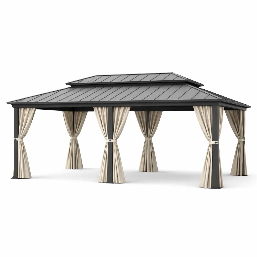 Pavillon en métal avec toit double et rideaux amovibles beige - 2026
