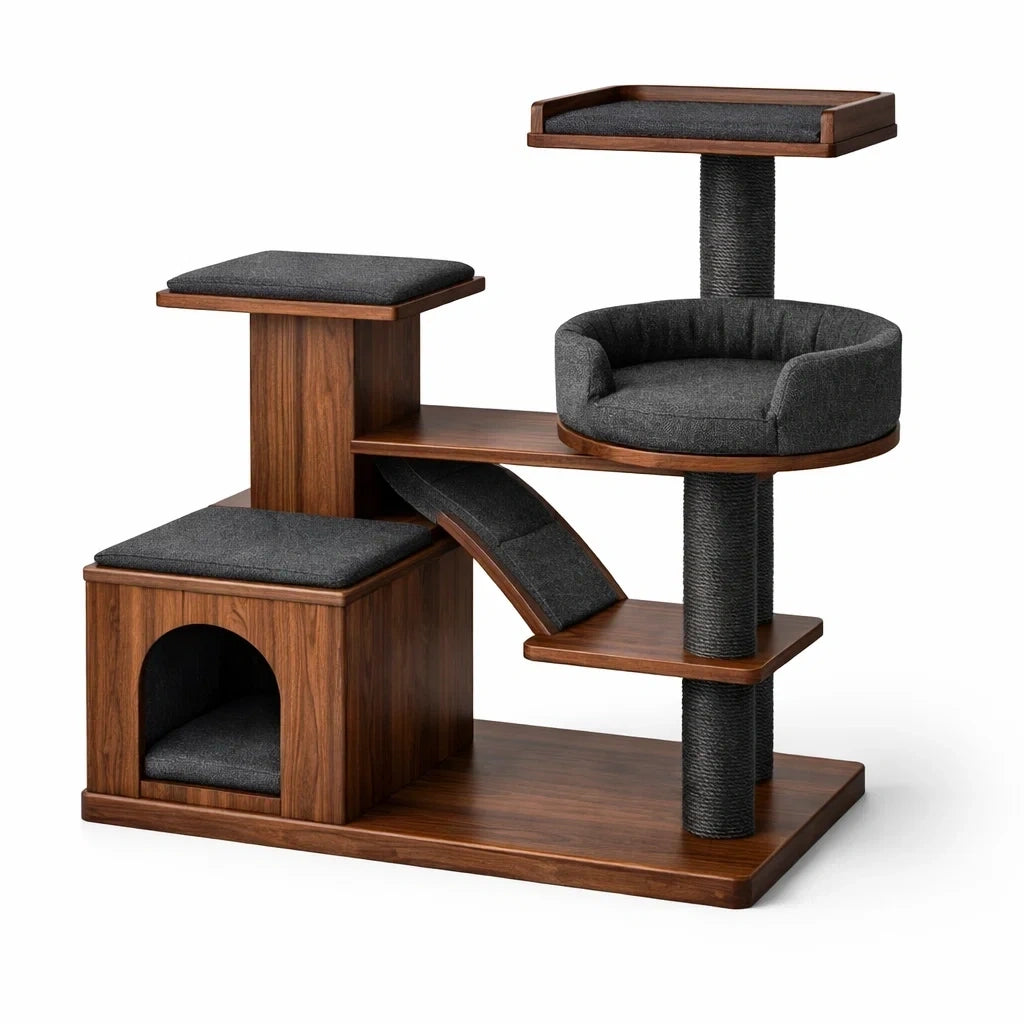 Arbre à chat en bois avec plateformes en tissu gris - 2026