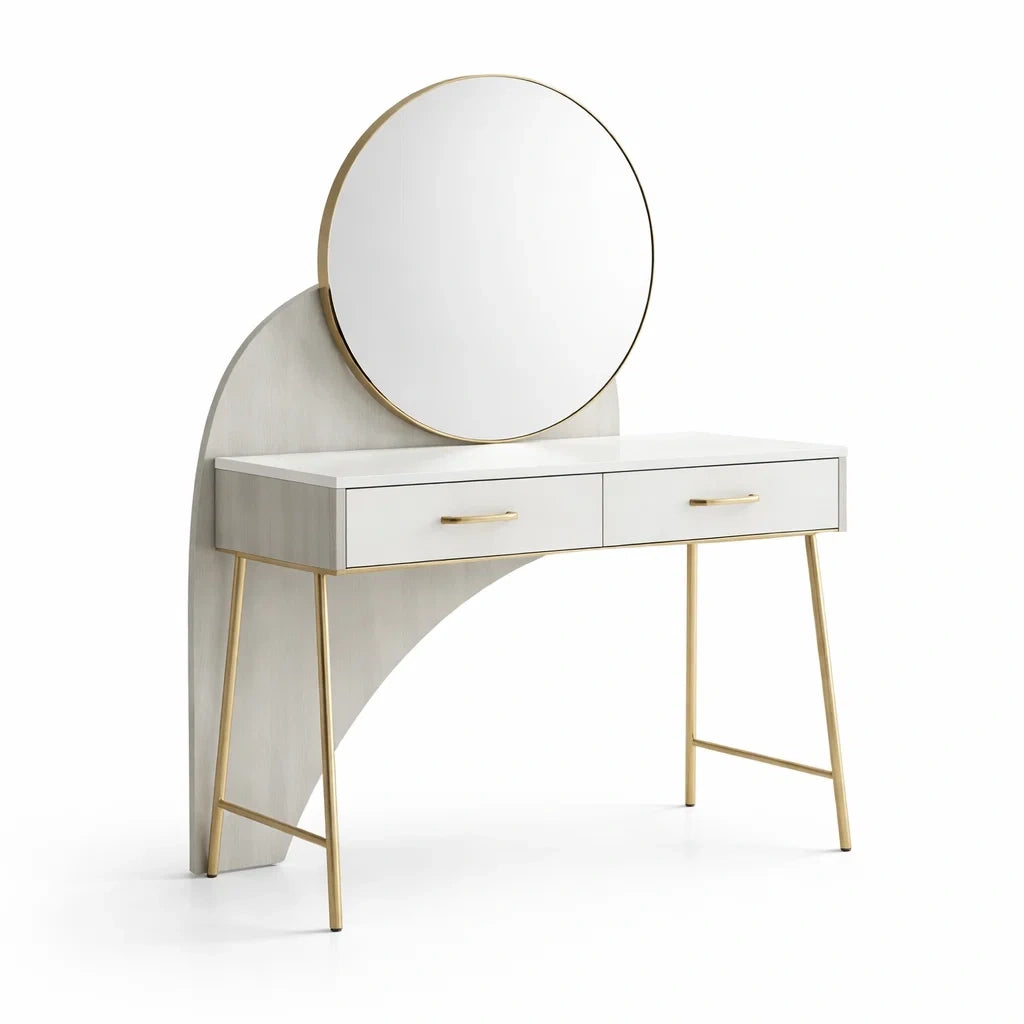 Coiffeuse avec miroir rond mdf et métal blanc/or - 2026