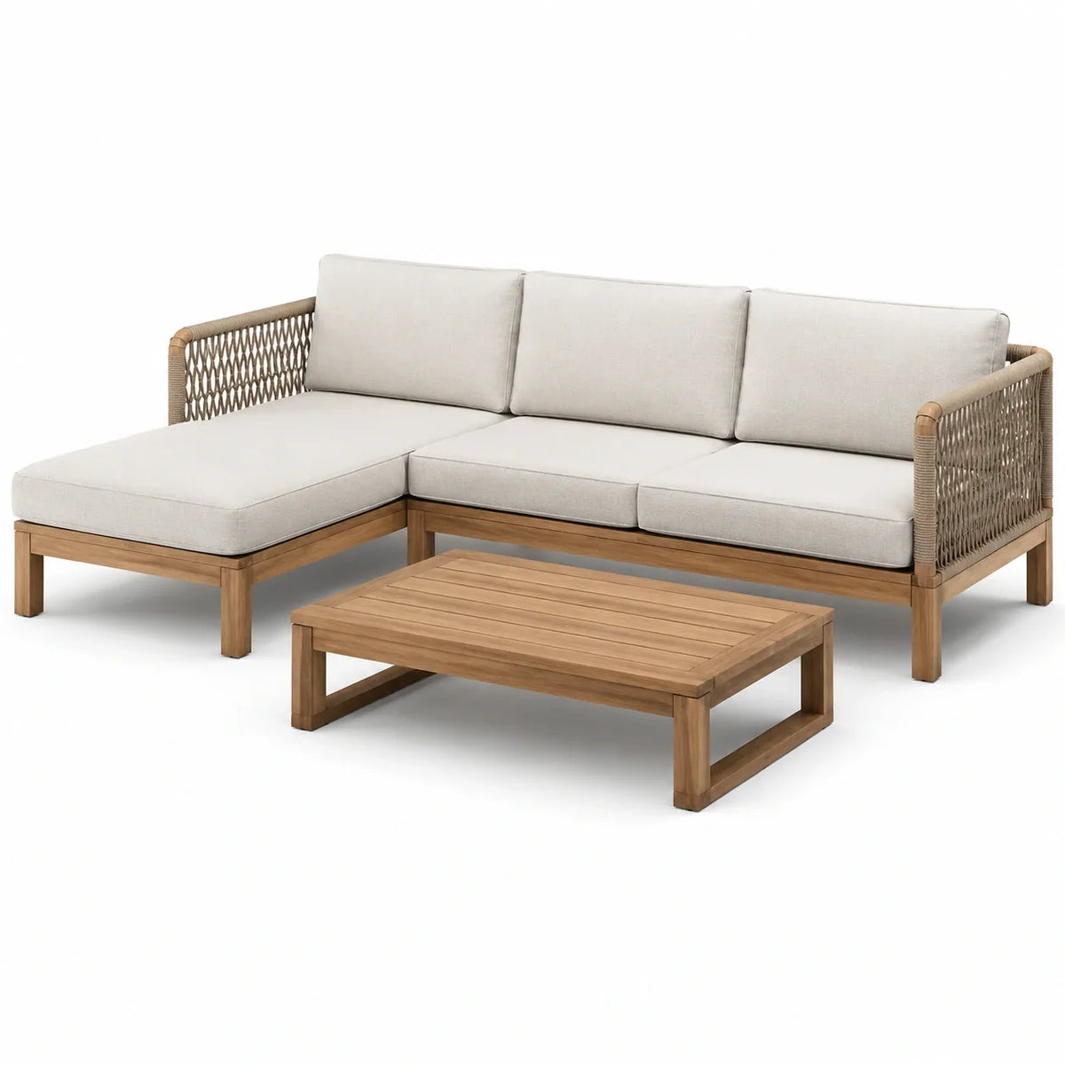 Ensemble canapé d'angle de jardin en bois d'acacia et polycoton gris avec table basse - 2026