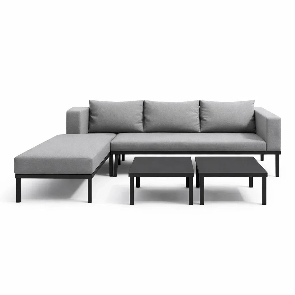 Canapé d'angle en tissu avec méridienne et tables basses en métal gris - 2026