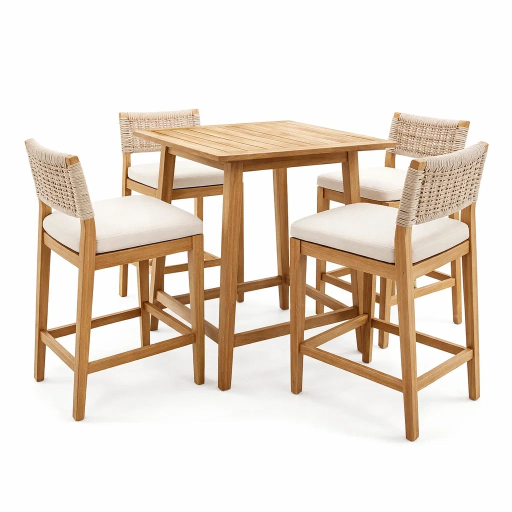 Ensemble de bar en teck et rotin tressé avec table et 4 chaises - 2026