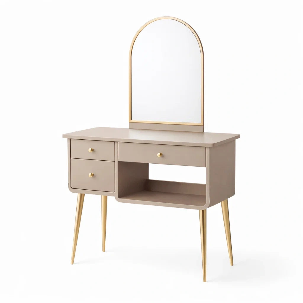 Coiffeuse en bois mdf beige avec pieds en métal doré et miroir - 2026