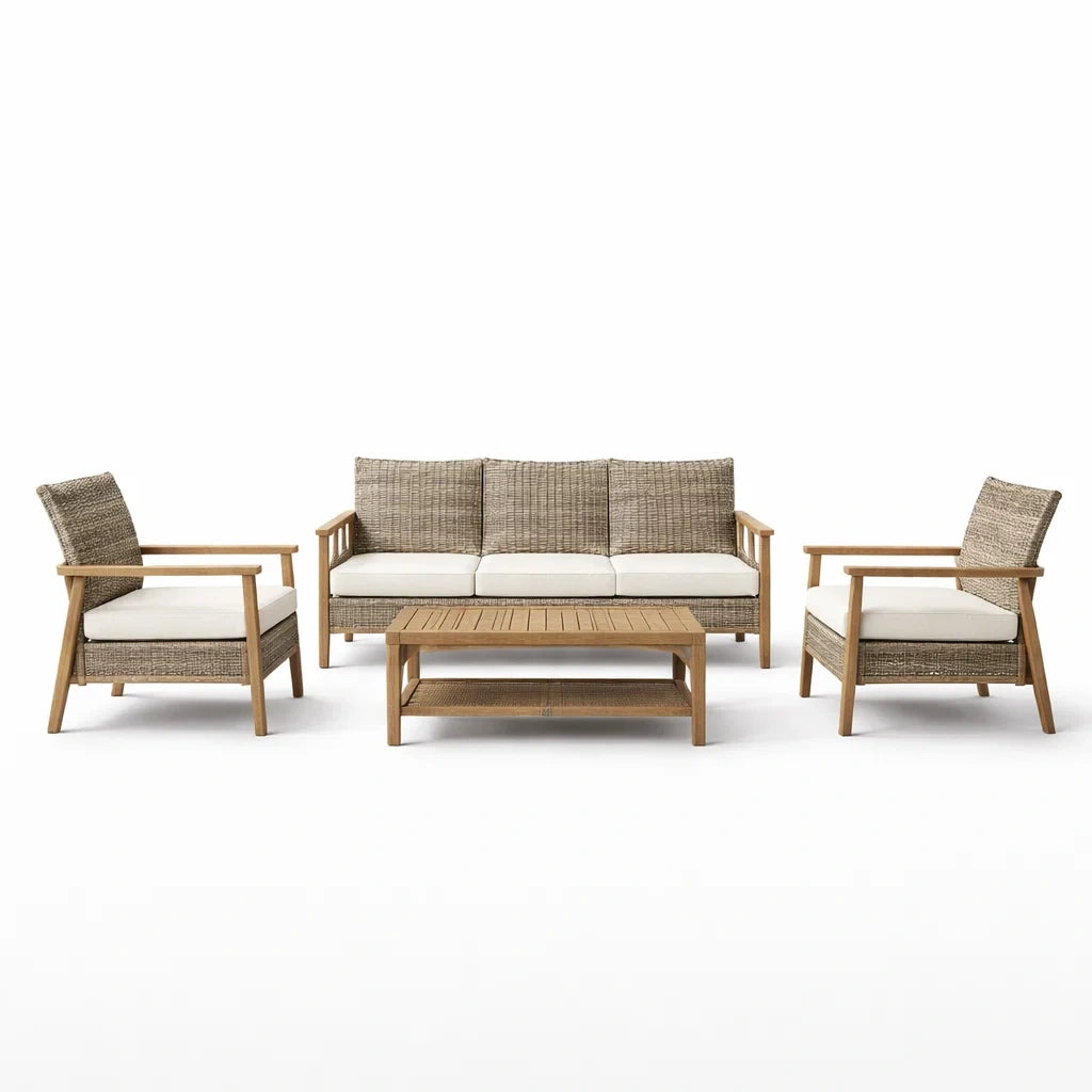 Ensemble de mobilier de jardin extérieur en rotin et bois d'acacia avec coussins crème - 2026