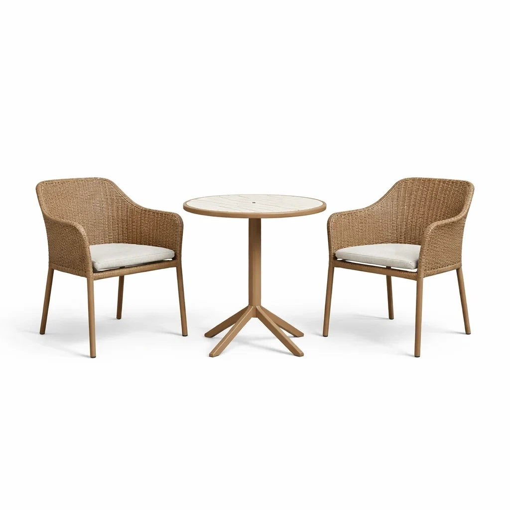 Ensemble de détente bistro avec table ronde en bois et chaises en rotin synthétique brun - 2026
