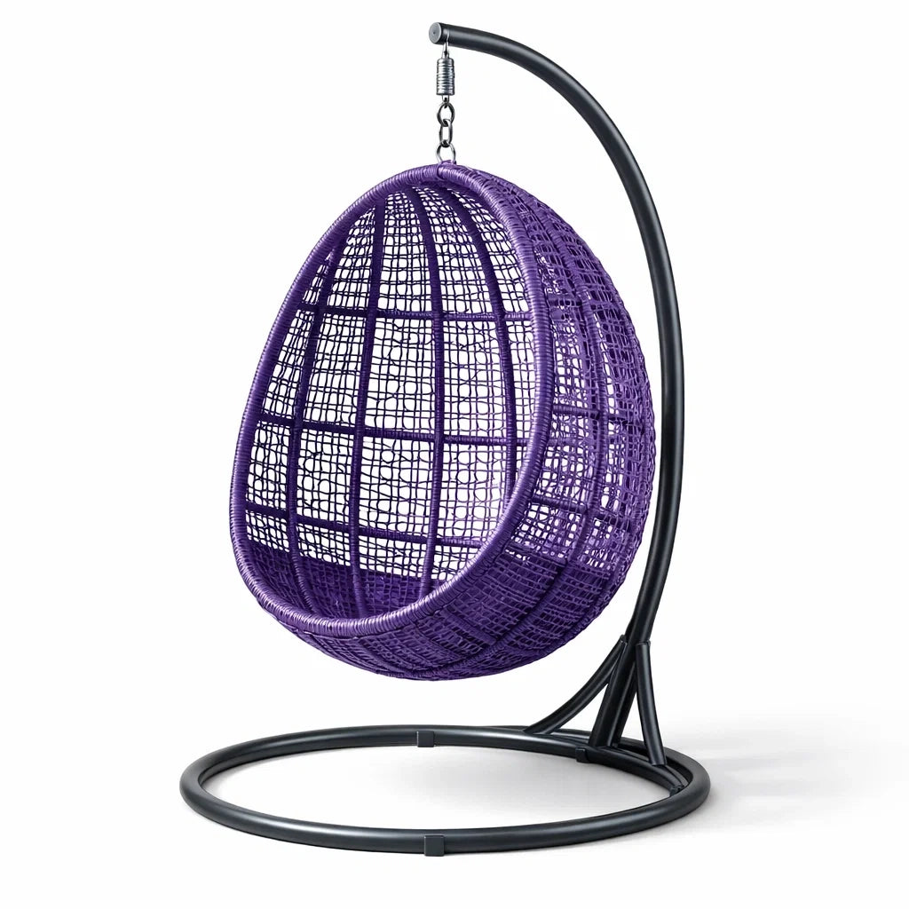 Fauteuil suspendu œuf avec support en résine tressée violette avec structure en métal - 2026